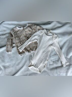 Two Piece set. Ribbed White long sleeve Onesie & Floral Cardigan